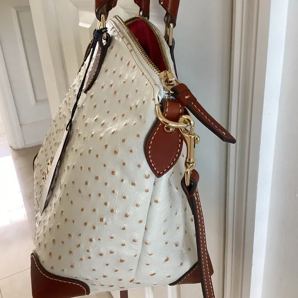 Dooney & Bourke Bone/White Ostrich Leather Dome Satchel Bag Purse Crossbody - Picture 9 of 16